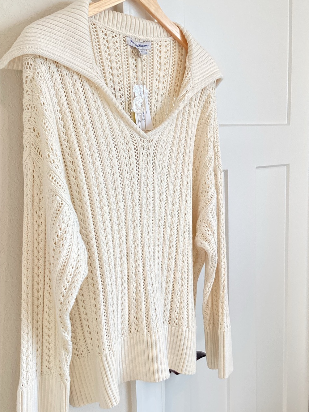 Tommy Bahama Open Knit Pointelle Sweater Johnny Sailor Collar New XL Cream